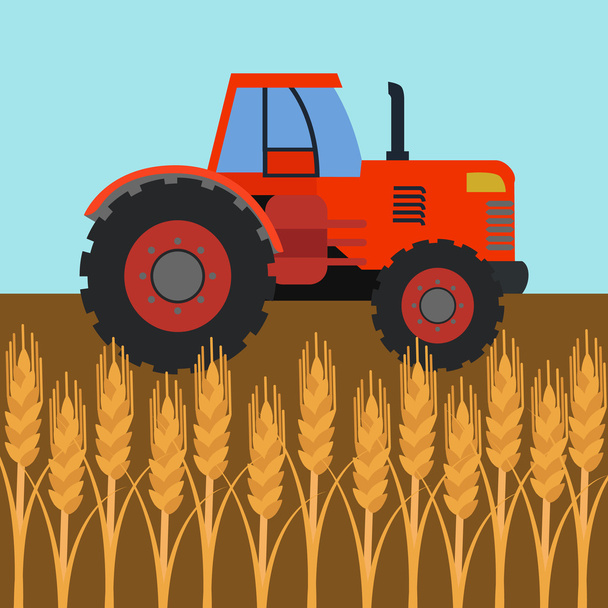 Τρακτέρ στο πεδίο σιτάρι, διανυσματικά εικονογράφηση γεωργία - Διάνυσμα, εικόνα