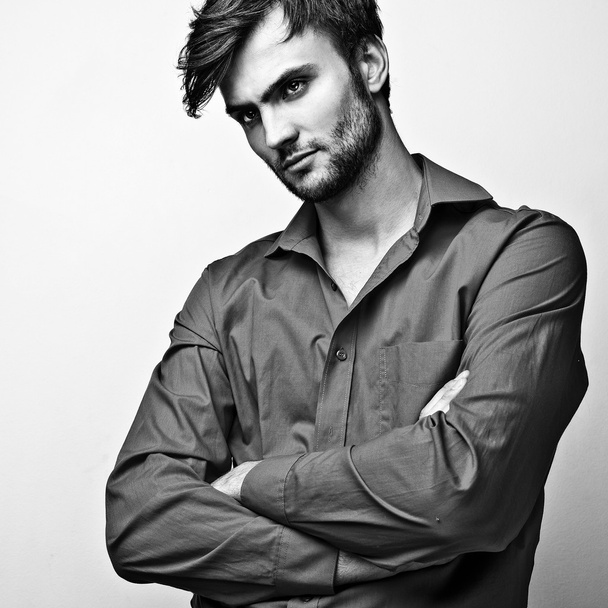 Elegant stylish handsome man. Black-white studio fashion portrait.  - Fotoğraf, Görsel
