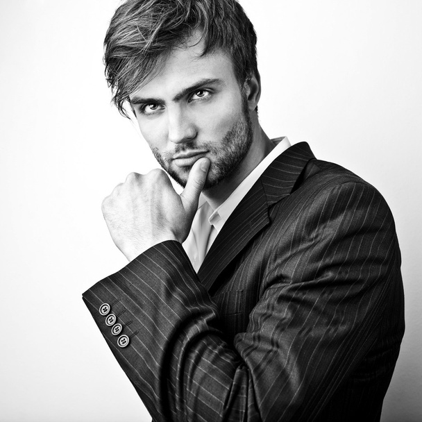 Elegant stylish handsome man. Black-white studio fashion portrait.  - Foto, Imagem