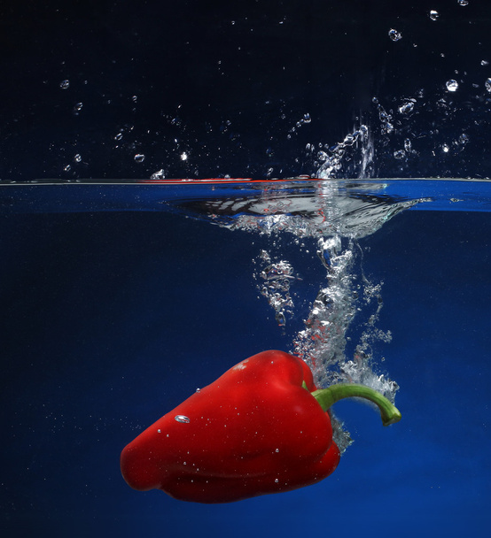 Red pepper falling into water. Blue background - Photo, Image