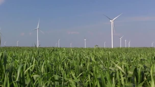 Mavi gökyüzüne karşı rüzgar türbinleri - Video, Çekim