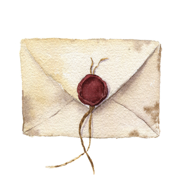 Watercolor retro envelope with sealing wax. Vintage mail icon isolated on white background. Hand painted design element - Foto, Imagen