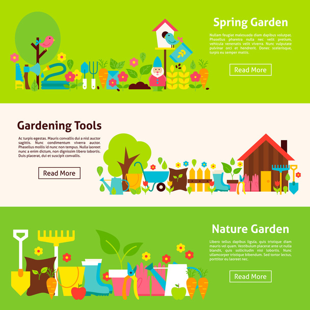 Плоские горизонтальные баннеры "Nature and Gardening Tools"
 - Вектор,изображение