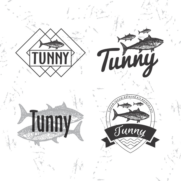 Vector black and white logo set with tuna fish.  - Vector, Image