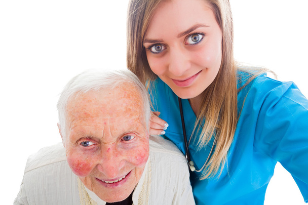 Lekarz biorąc selfie z starszy pacjent - Zdjęcie, obraz