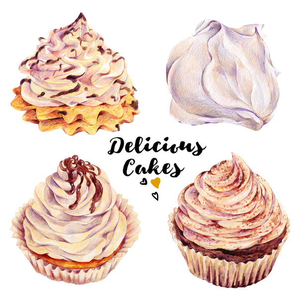 Hand drawn set of delicious cakes cupcakes - Photo, image