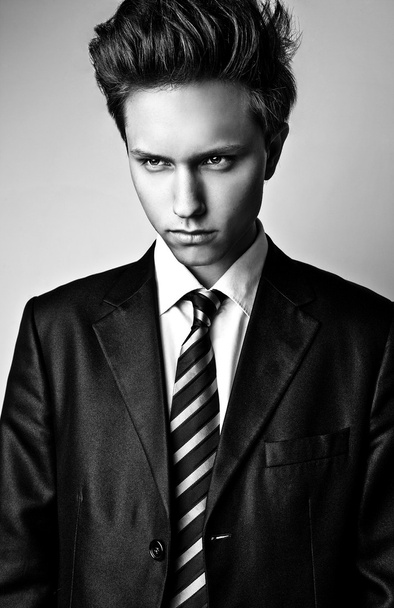 Elegant stylish handsome man. Black-white studio fashion portrait.  - Photo, Image
