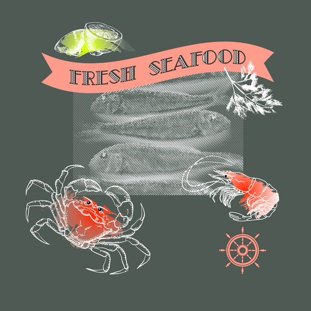 Vector  label with seafood silhouette crab, shrimp, fish, lemon  - Vecteur, image