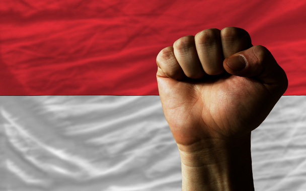 σκληρό γροθιά μπροστά από την Ινδονησία σημαία, συμβολίζοντας δύναμη - Φωτογραφία, εικόνα