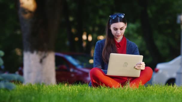 Female student sitting on the grass in the park, uses a laptop - Video