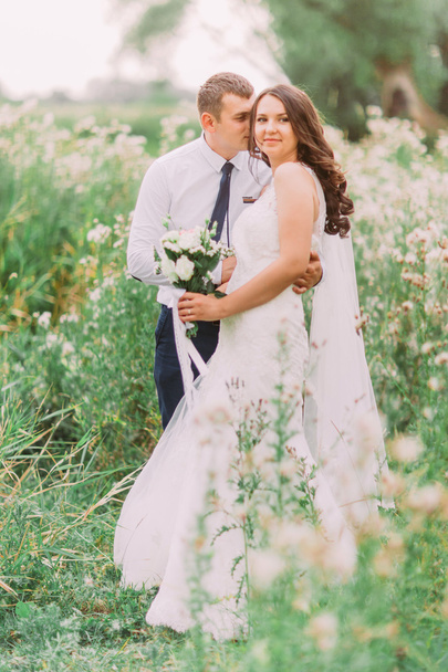 Beautiful bride and handsome groom embracing in the summer meadow with wild flowers - Foto, Bild