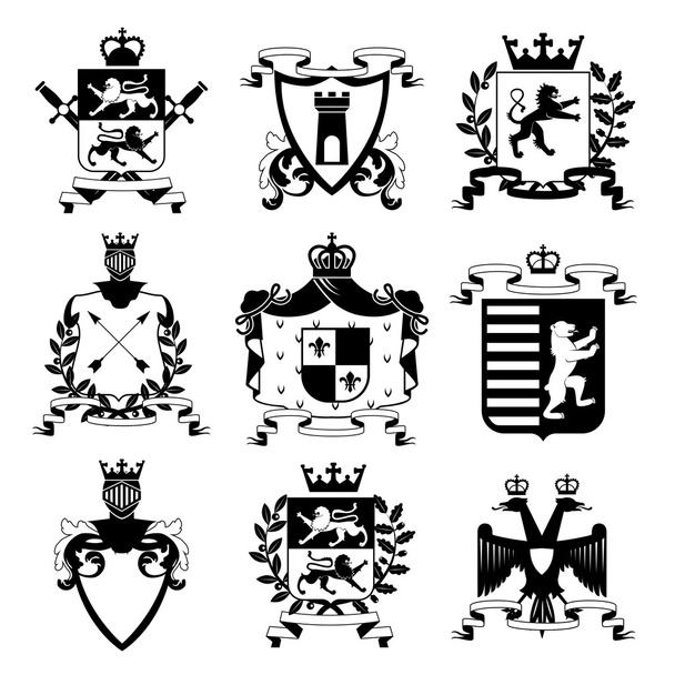 Heraldyczne emblematy Design czarna kolekcja ikon - Wektor, obraz