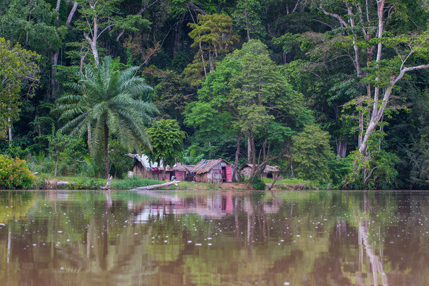 川・ サンガの小さな村が水 (コンゴ共和国を反映) - 写真・画像