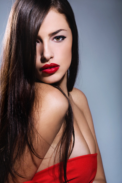 Long hair woman with red lips - Fotó, kép