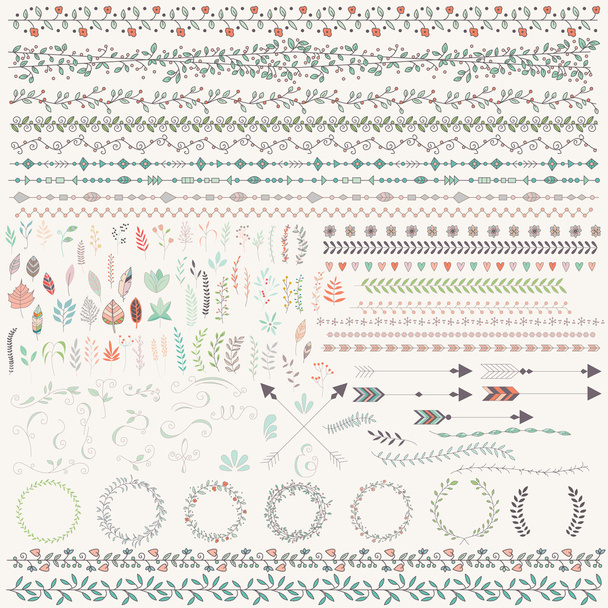 Hand drawn vintage leaves, arrows, feathers, wreaths, dividers,  - Vector, Image