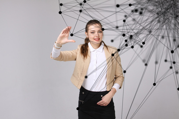 Worldwide network or wireless internet connection futuristic concept. Woman working with linked dots. - Fotografie, Obrázek
