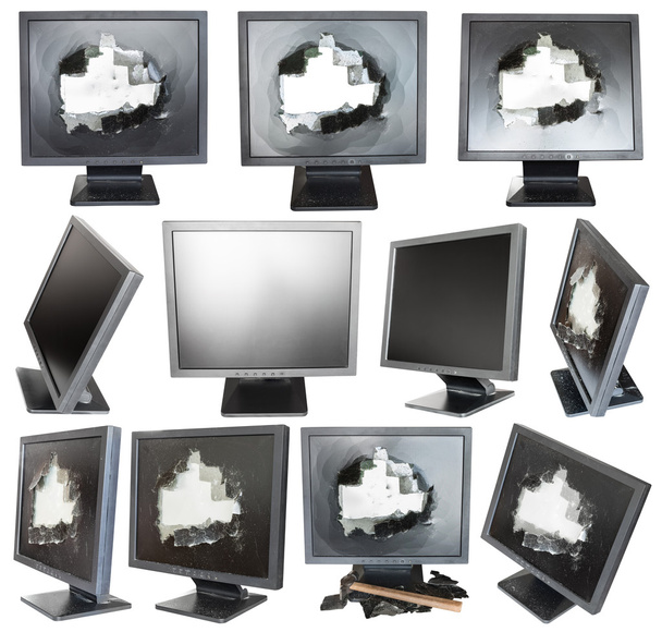 joukko vanhoja mustia LCD-näyttöjä, joissa on rikki näytöt
 - Valokuva, kuva