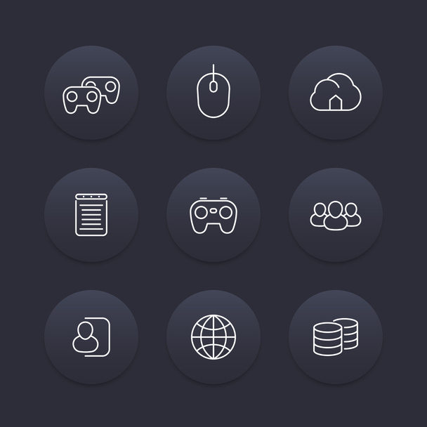 videogames line icons, cooperative, multiplayer, video console gaming, pictograms, dark round icons set, vector illustration - Vektör, Görsel