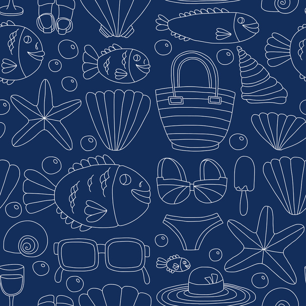 Vector doodle pictures of beach vacation and tropical sea life - Vector, Imagen