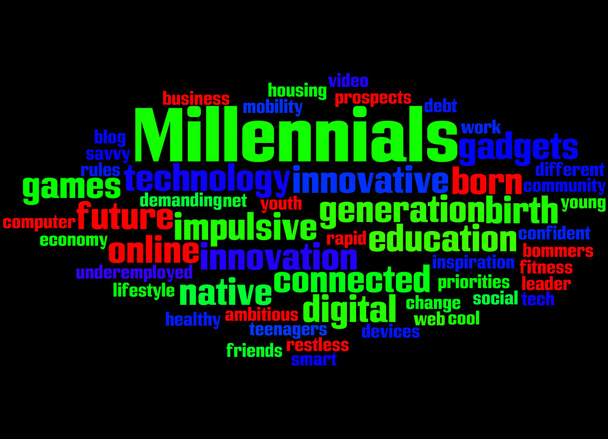 Millennials, word cloud concept - Foto, afbeelding