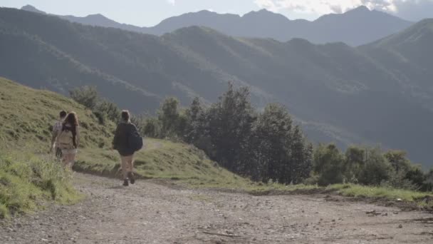 Jóvenes amigos caminando por una carretera en la montaña al aire libre
 - Metraje, vídeo