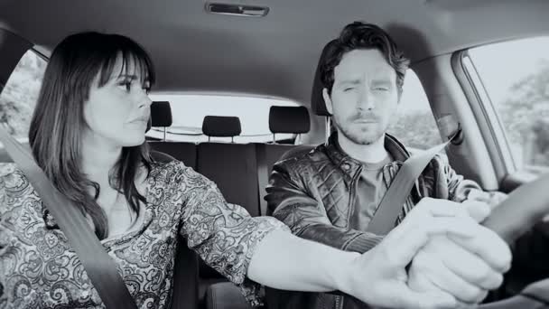スローモーションを叫び始めてのボーイ フレンドの手を握って車の中の女性 - 映像、動画