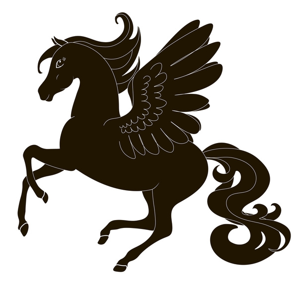 Pegasus, koń ze skrzydłami w ruchu grzywny sylwetka - czarno na białym, ikona ilustracja wektorowa - Wektor, obraz
