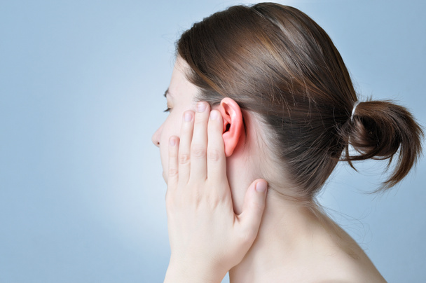 Woman with ear inflammation - Foto, Imagem