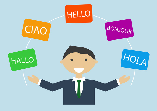 Concepto de hombre de negocios multilingüe que habla muchos idiomas diferentes
 - Vector, imagen