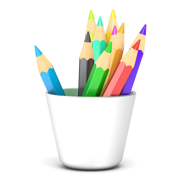 Colored pencils in a white holder. 3D  - Fotoğraf, Görsel