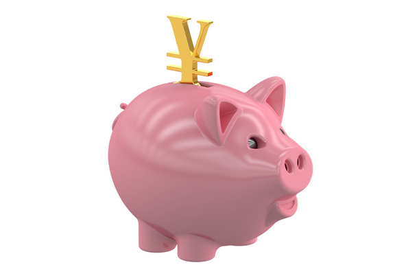 Piggy bank with symbol yen, 3D rendering - Photo, Image
