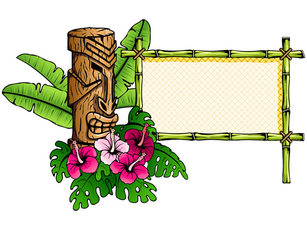 Zářivě barevné havajské banner s tiki socha - Vektor, obrázek