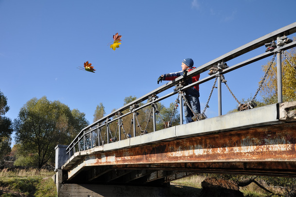 Junge auf Brücke denkt, wirft Ahornblatt - Foto, Bild