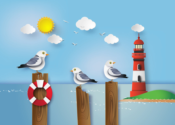 Seagull standing on a wooden post - Vector, Image