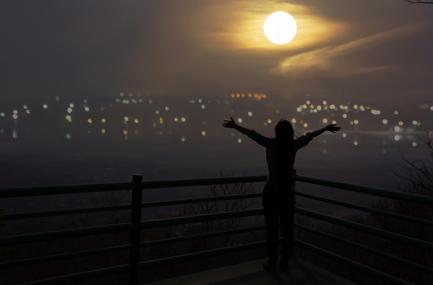 silhueta de volta de menina levantando dois braços abraçando a lua no nig
 - Foto, Imagem