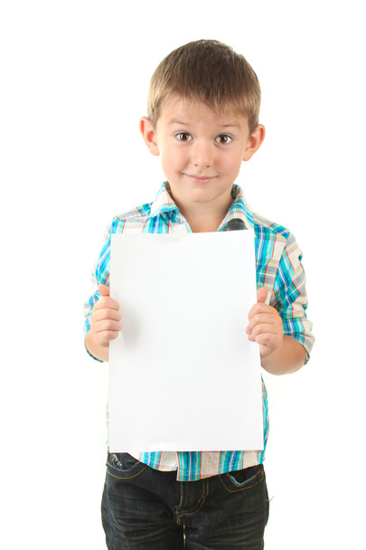 Portrait of happy little boy with sheet of paper isolated on white - Zdjęcie, obraz