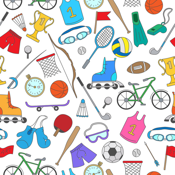 Бесшовный узор на тему летних видов спорта, простые красочные иконки на светлом фоне
 - Вектор,изображение