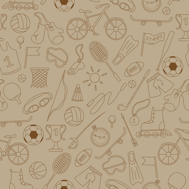 Seamless pattern on the theme of summer sports, simple icons brown contour on a beige background - Vector, Imagen