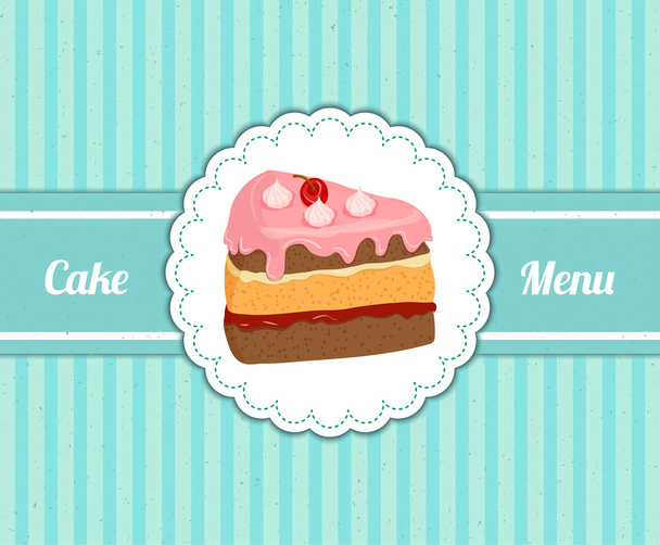 Vector pattern cover the desserts menu for cafe with a slice of delicious cake. A slice of cake in a white circle on a blue vintage background. Ideas for the design of cakes menu in retro style. - Wektor, obraz