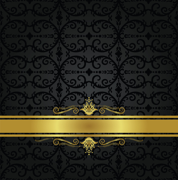Seamless black floral wallpaper and gold ribbon - Vector, Image