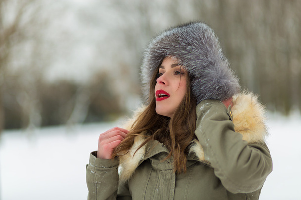 Hermosa mujer en abrigo de invierno y sombrero de piel
 - Foto, Imagen