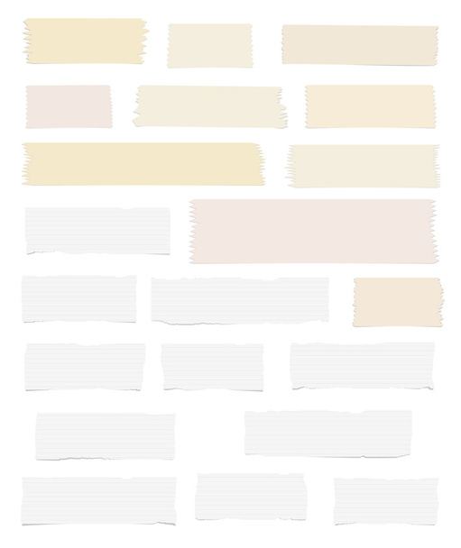 Pezzi di bianco strappato, carta bianca foderata, adesivo marrone, nastri adesivi sono bloccati sulla parete bianca
 - Vettoriali, immagini