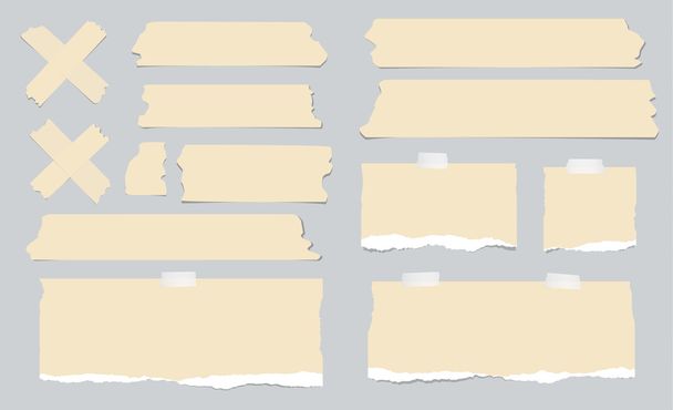 Trozos de papel de nota en blanco marrón rasgado, pegajosas, cintas adhesivas se pegan en la pared gris
 - Vector, Imagen