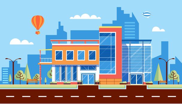 city street with administrative building, modern architectures, office building in flat style - Vector, Image
