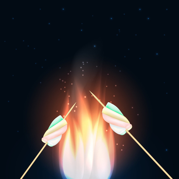  Camping fuoco con marshmallow su stick.Camping sfondo
. - Vettoriali, immagini