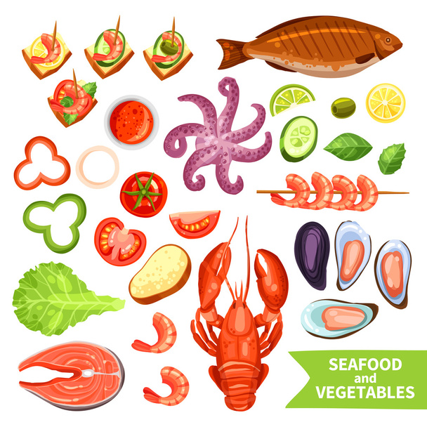 シーフードと野菜のアイコンセット - ベクター画像