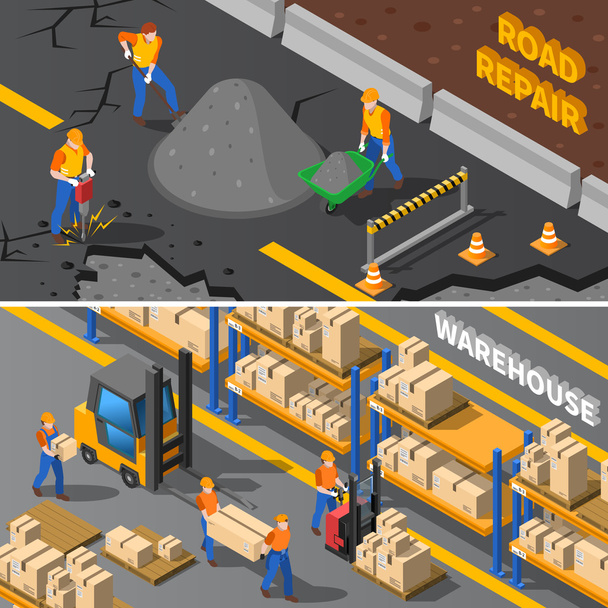 Workers Isometric Banners Set - Vector, Image