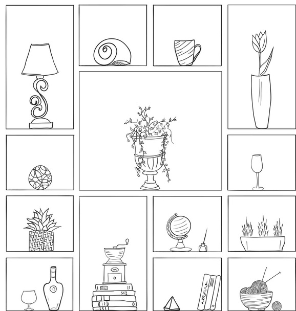 Estantes de libros dibujados a mano patrón sin costuras fondo negro blanco contorno
 - Vector, Imagen