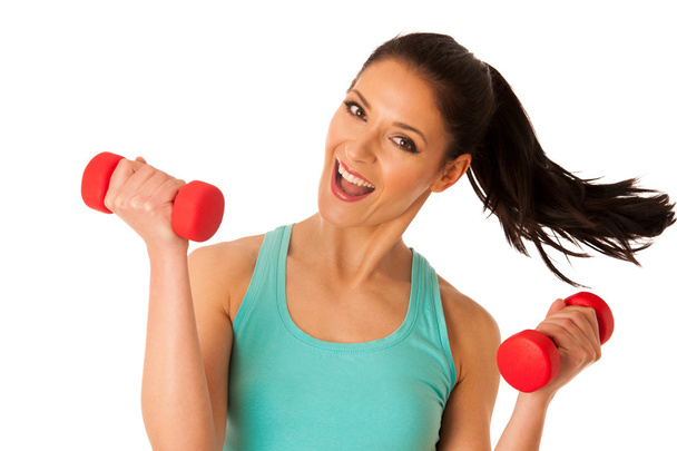 active woman with dumbbells workout in fitness gym isolated over - Photo, Image