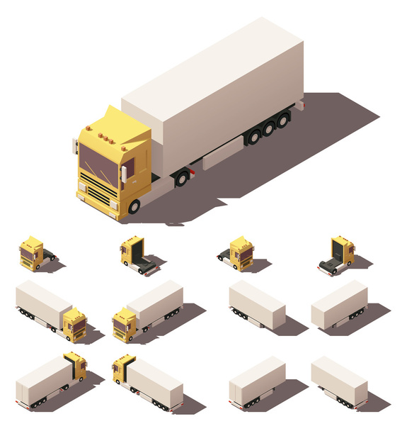 Vector isometric truck with box semi-trailer icon set - Vector, Image